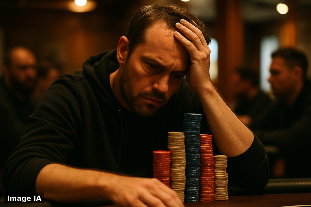 Julien Archer, chip-leader du Winamax Poker Open, devant ses jetons de poker.