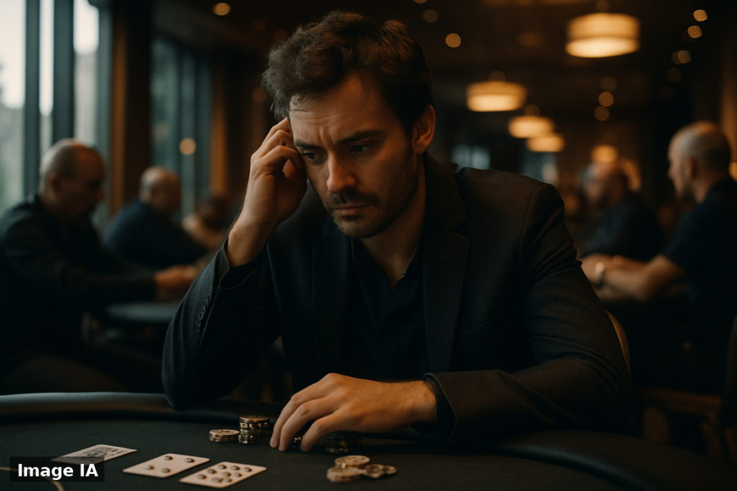 Maxime jouant au poker professionnel à une table en Autriche, concentré.