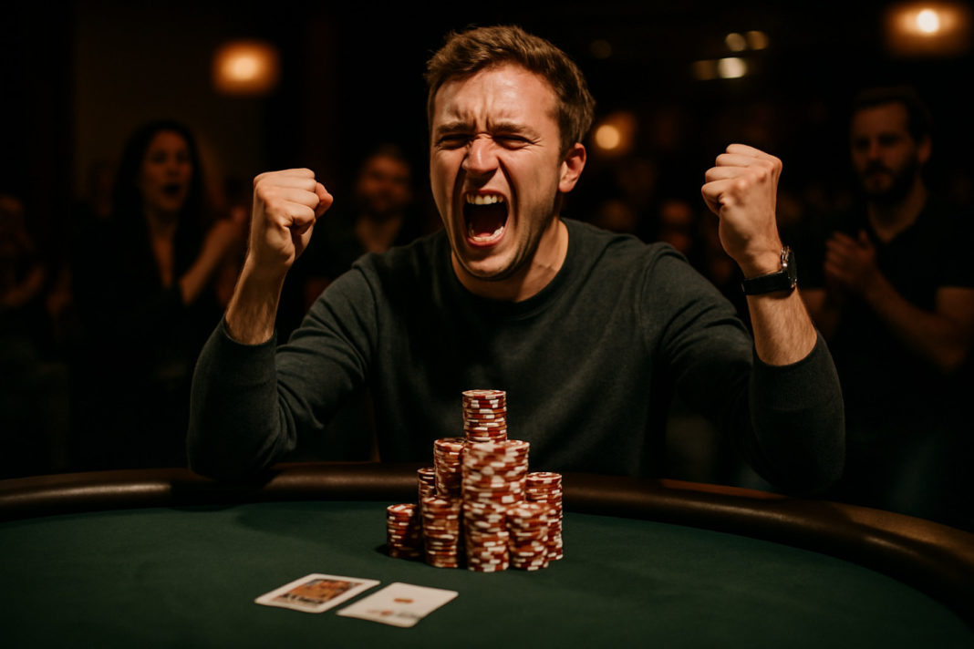Lucas Archeny brandit son trophée du Winamax Poker Open à Aix-les-Bains.