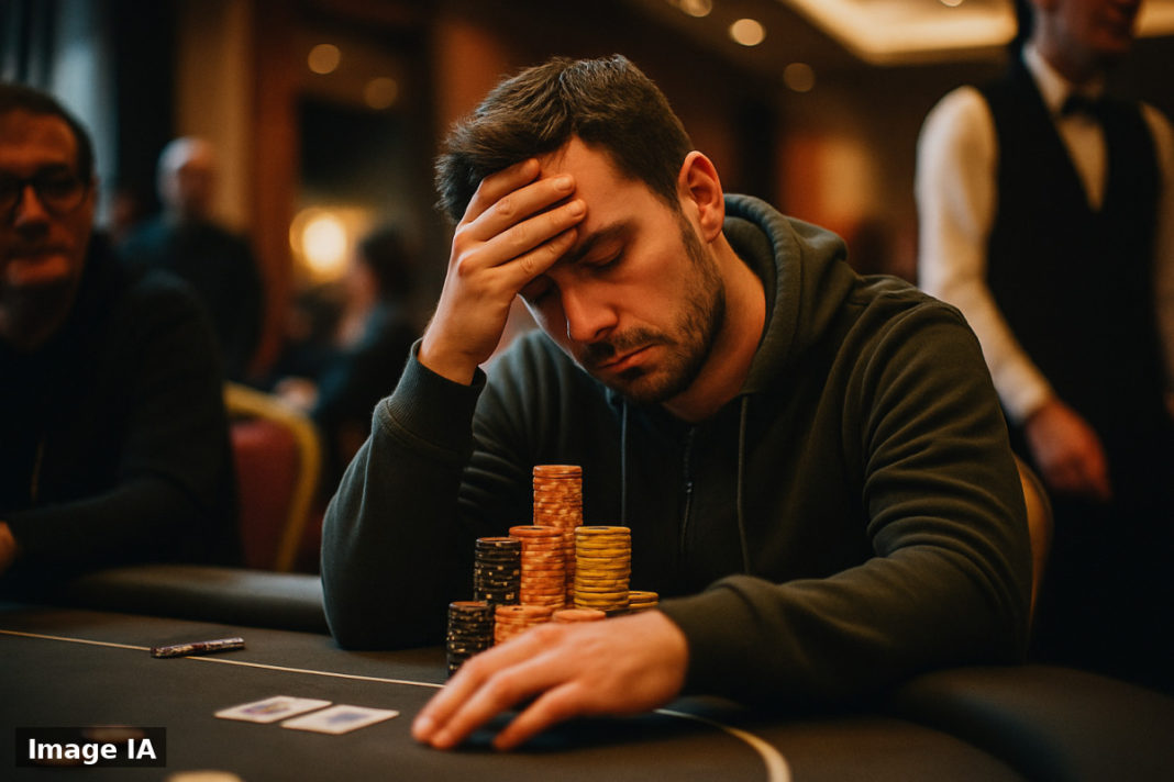 Lucas Archeny brandissant son trophée du Main Event Winamax Poker Open à Aix-les-Bains.