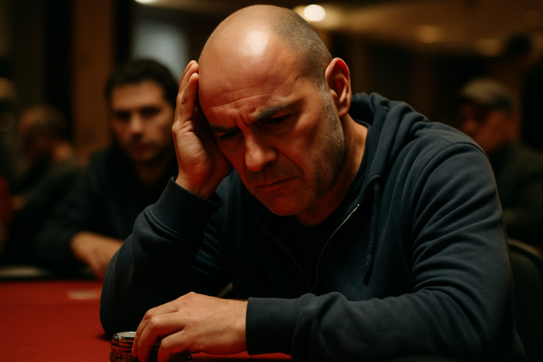 Un docker marseillais souriant brandit son trophée à la table de poker d'Aix-les-Bains.