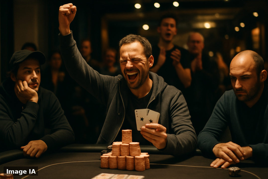 Lucas Archeny posant avec son trophée et ses gains du Winamax Poker Open Aix-les-Bains.