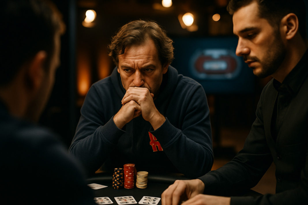 Un animateur Winamax explique les stratégies du poker lors d'un enregistrement studio pour YouTube.