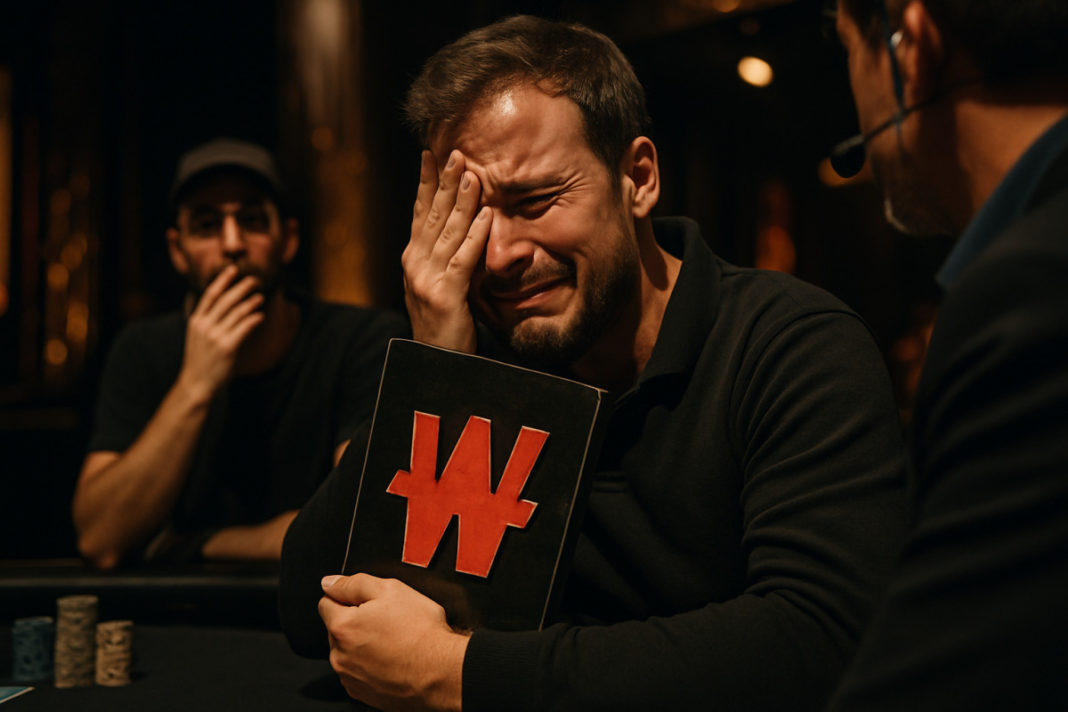 Lucas Archeny brandissant son trophée après sa victoire au Winamax Poker Open d'Aix-les-Bains.
